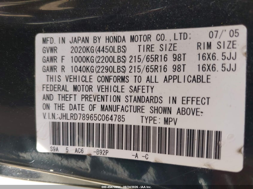 2005 Honda Cr-v VIN JHLRD78965C064785 IAAI salvage auction — UNKNOWN, Clear (Massachusetts), sold $425 on 2026-07-10 (photo 9)