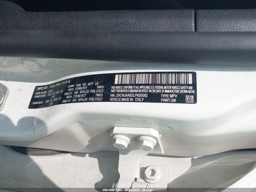 2020 Jeep Renegade VIN ZACNJAAB3LPK95082 IAAI salvage auction — RIGHT SIDE, Wait Title, sold $825 on 2026-08-19 (photo 9)