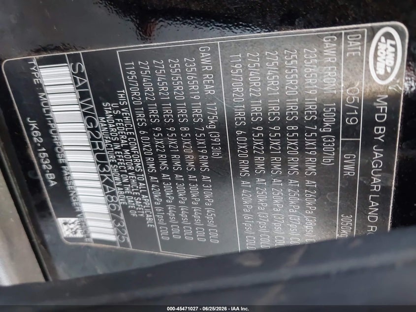 2019 Land rover Range rover sport VIN SALWG2RU3KA867325 IAAI salvage auction — ALL OVER, Salvage (California), sold $6,700 on 2026-07-25 (photo 9)