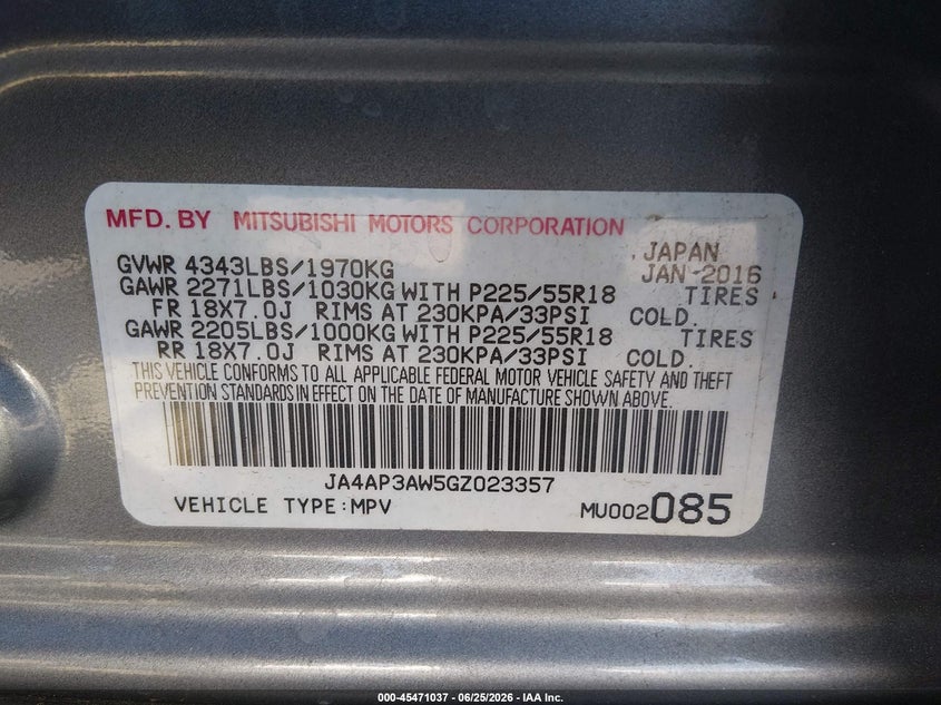 2016 Mitsubishi Outlander VIN JA4AP3AW5GZ023357 IAAI salvage auction — REAR END, Salvage (South Carolina), sold $1,700 on 2026-07-22 (photo 9)