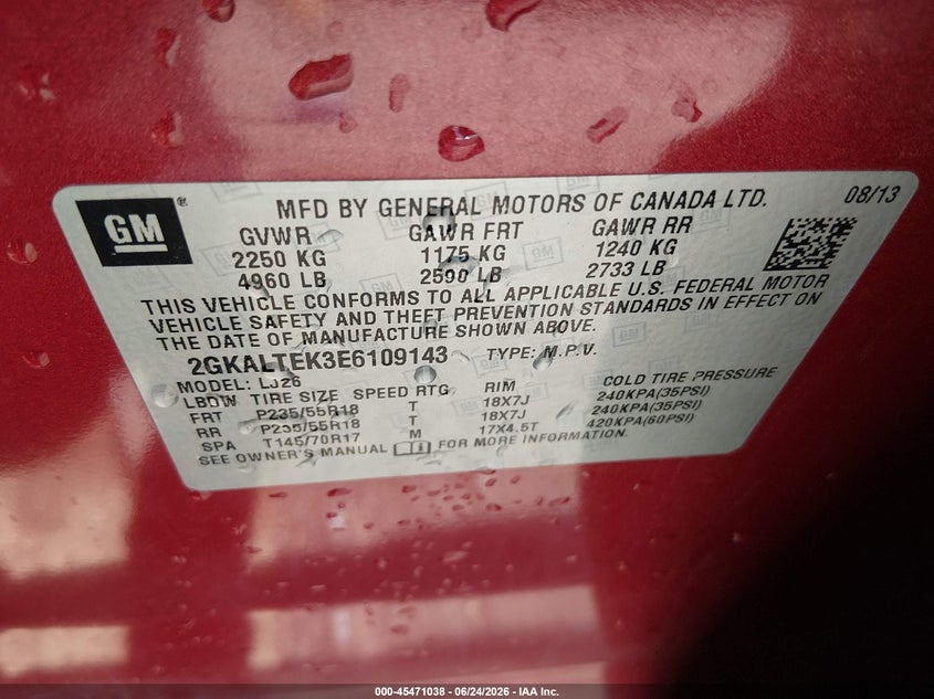 2014 Gmc Terrain VIN 2GKALTEK3E6109143 IAAI salvage auction — LEFT FRONT, Salvage Title, sold $1,300 on 2026-08-03 (photo 9)