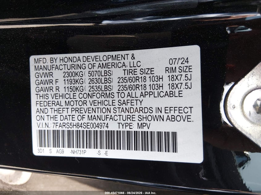 2025 Honda Cr-v VIN 7FARS5H84SE004974 IAAI salvage auction — RIGHT REAR, Salvage Title, sold $15,100 on 2026-07-30 (photo 9)