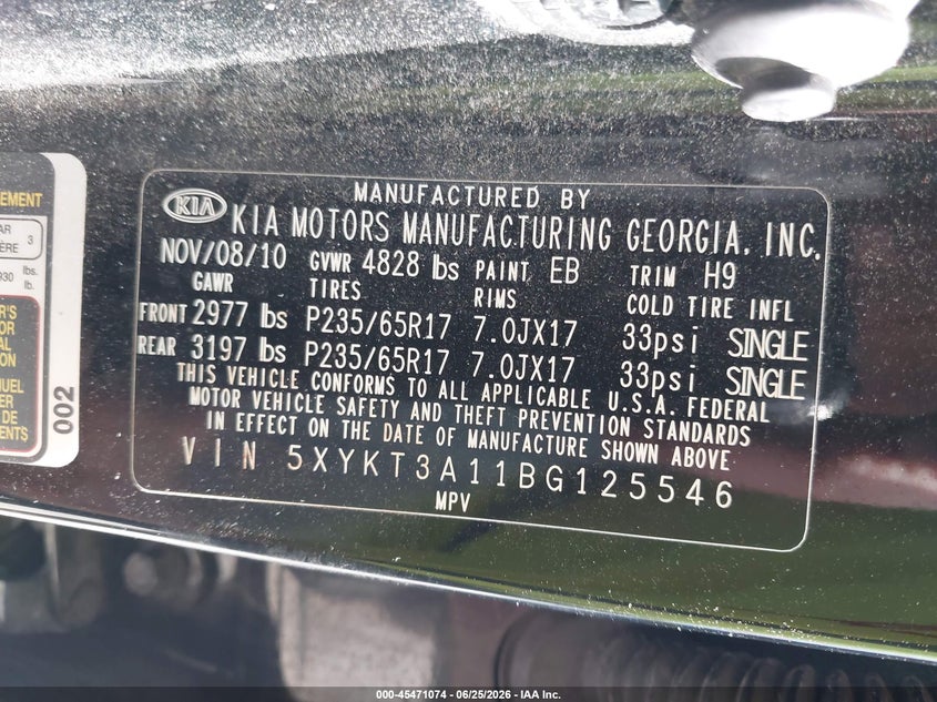 2011 Kia Sorento VIN 5XYKT3A11BG125546 IAAI salvage auction — FRONT END, Salvage (Pennsylvania), sold $1,050 on 2026-07-31 (photo 9)