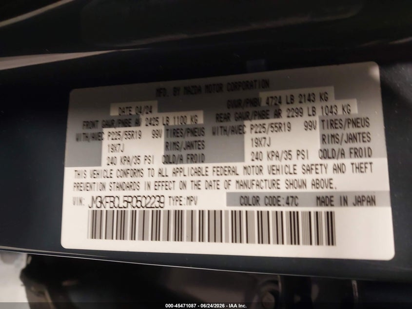 2024 Mazda Cx-5 VIN JM3KFBCL5R0502239 IAAI salvage auction — FRONT END, Salvage Title, sold $3,800 on 2026-07-22 (photo 9)