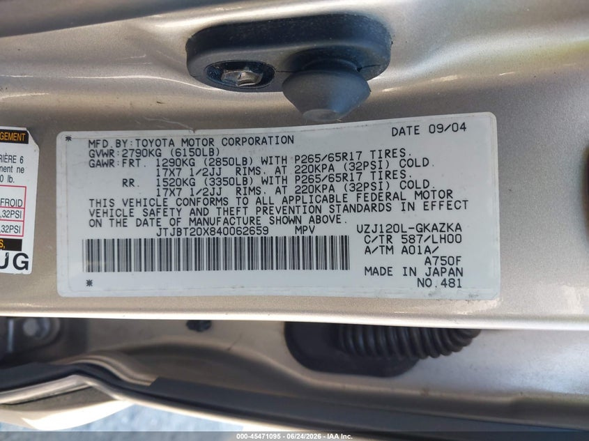 2004 Lexus Gx 470 VIN JTJBT20X840062659 IAAI salvage auction — NORMAL WEAR, Affidavit In Lieu Of Title - Non-Public (Washington), sold $2,700 on 2026-07-22 (photo 9)