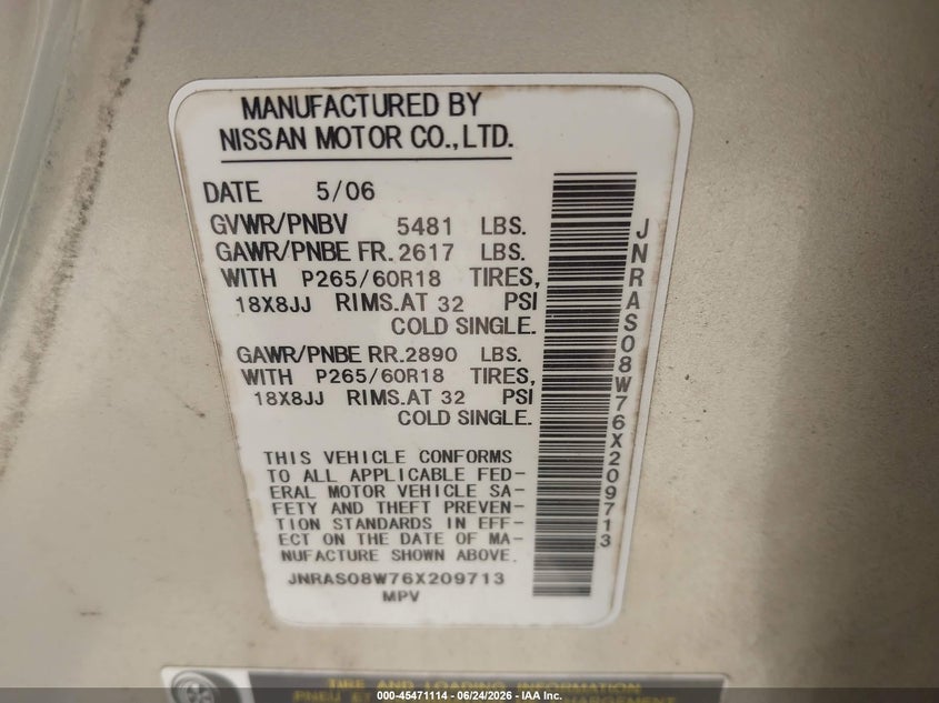 2006 Infiniti Fx35 VIN JNRAS08W76X209713 IAAI salvage auction — NORMAL WEAR, Certificate Of Origin (New York), sold $325 on 2026-07-08 (photo 9)
