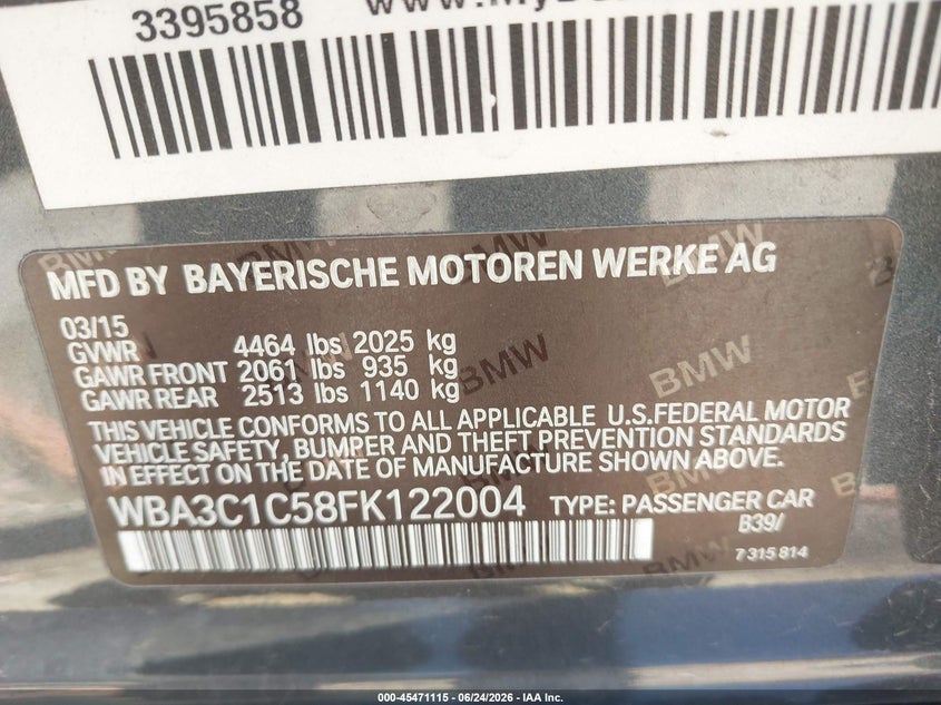 2015 BMW 3er VIN WBA3C1C58FK122004 IAAI salvage auction — FRONT END, Salvage (California), sold $625 on 2026-07-28 (photo 9)