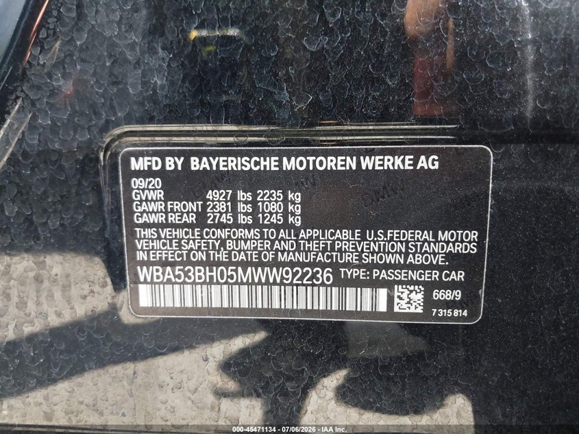 2021 BMW 5er VIN WBA53BH05MWW92236 IAAI salvage auction — LEFT FRONT, Salvage Certificate (California), sold $8,200 on 2026-07-22 (photo 9)