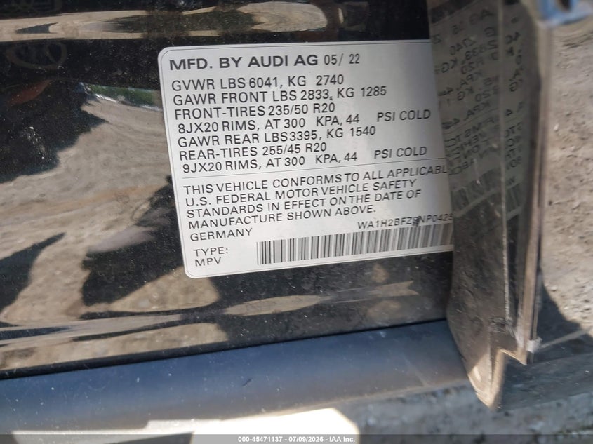 2022 Audi Q4 e-tron VIN WA1H2BFZ8NP042570 IAAI salvage auction — SIDE, Salvage (Massachusetts), sold $10,900 on 2026-07-30 (photo 9)