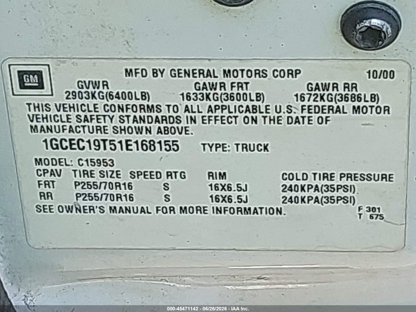 2001 Chevrolet Silverado 1500 VIN 1GCEC19T51E168155 IAAI salvage auction — NORMAL WEAR, Clear (Mississippi), sold $550 on 2026-07-09 (photo 9)