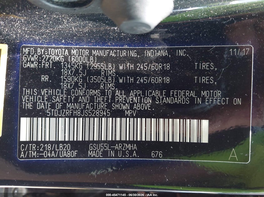 2018 Toyota Highlander VIN 5TDJZRFH8JS528945 IAAI salvage auction — RIGHT REAR, Salvage Title, sold $6,200 on 2026-07-23 (photo 9)
