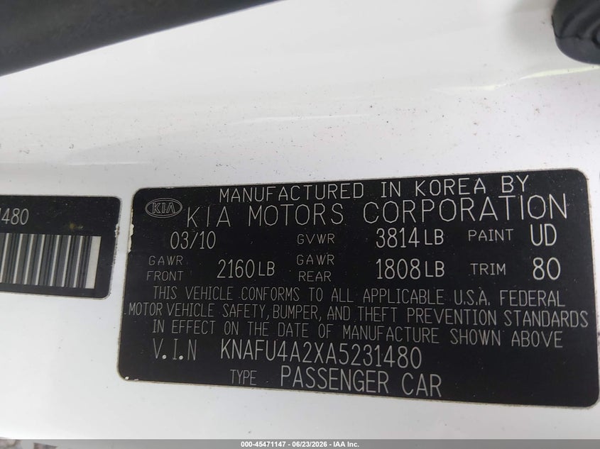 2010 Kia Forte VIN KNAFU4A2XA5231480 IAAI salvage auction — NORMAL WEAR, Clear (Virginia), sold $350 on 2026-07-10 (photo 9)