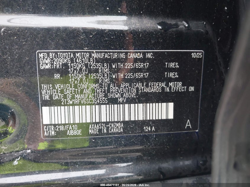 2025 Toyota Rav 4 VIN 2T3W1RFV6SC354555 IAAI salvage auction — ROLLOVER, Salvage Title, sold $7,500 on 2026-07-30 (photo 9)