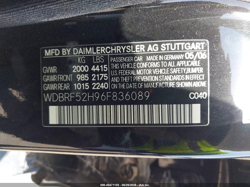 2006 Mercedes-benz VIN WDBRF52H96F836089 IAAI salvage auction — NORMAL WEAR, Original (Texas), sold $1,500 on 2026-07-28 (photo 9)