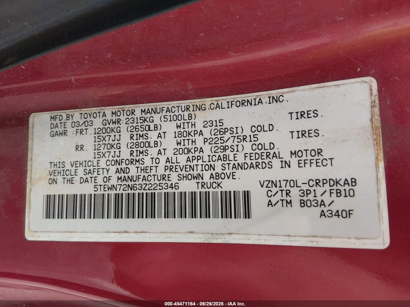 2003 Toyota Tacoma VIN 5TEWN72N63Z225346 IAAI salvage auction — NORMAL WEAR, Original (Ohio), sold $675 on 2026-07-22 (photo 9)