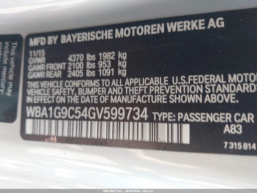 2016 BMW 2er VIN WBA1G9C54GV599734 IAAI salvage auction — SIDE, Salvage (Massachusetts), sold $2,550 on 2026-08-21 (photo 9)