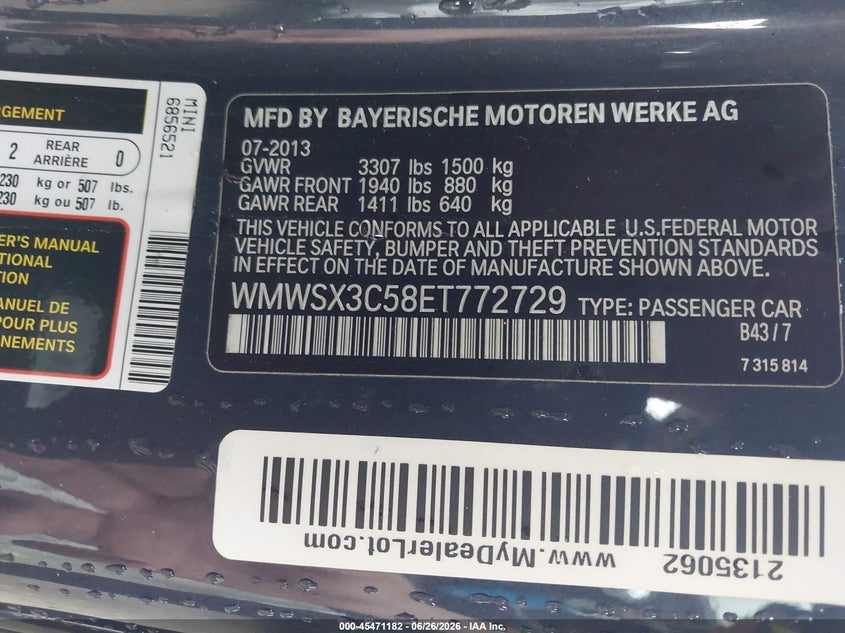 2014 Mini Coupe VIN WMWSX3C58ET772729 IAAI salvage auction — REAR END, Original (Kentucky), sold $1,700 on 2026-08-31 (photo 9)