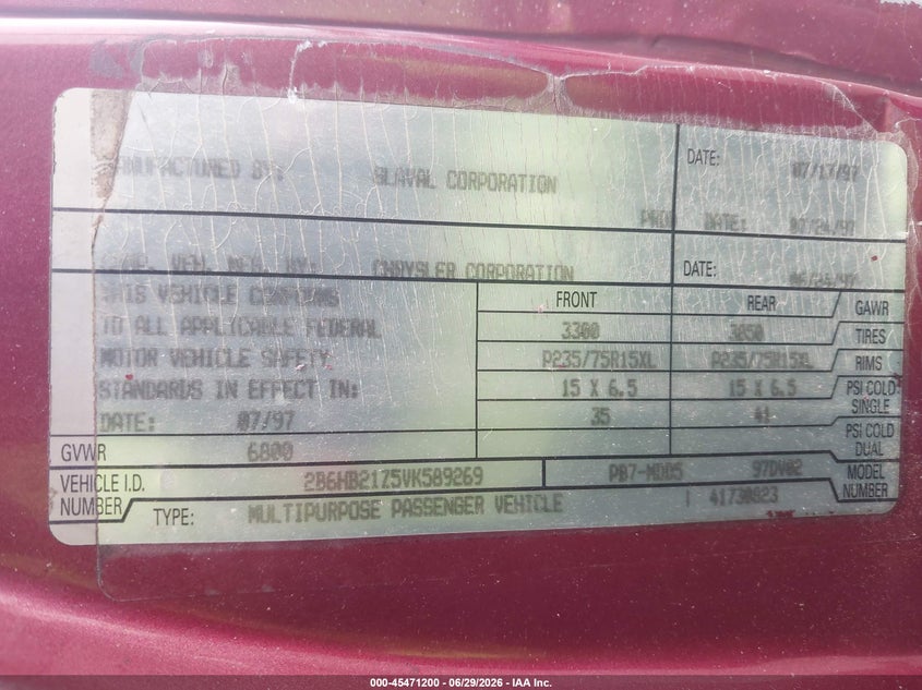 1997 Dodge Ram van VIN 2B6HB21Z5VK589269 IAAI salvage auction — NORMAL WEAR, Clear (Tennessee), sold $2,000 on 2026-07-08 (photo 9)