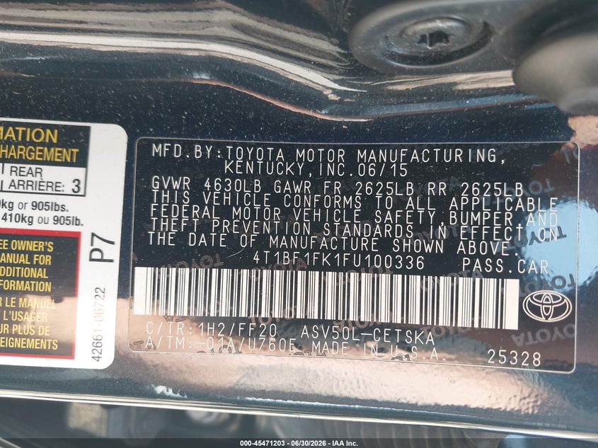 2015 Toyota Camry VIN 4T1BF1FK1FU100336 IAAI salvage auction — REAR END, Salvage (Rhode Island), sold $2,000 on 2026-07-19 (photo 9)