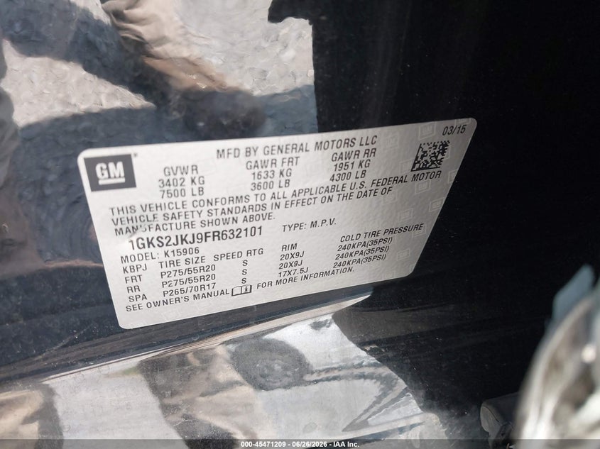 2015 Gmc Yukon VIN 1GKS2JKJ9FR632101 IAAI salvage auction — SIDE, Salvage Title, sold $3,250 on 2026-07-19 (photo 9)