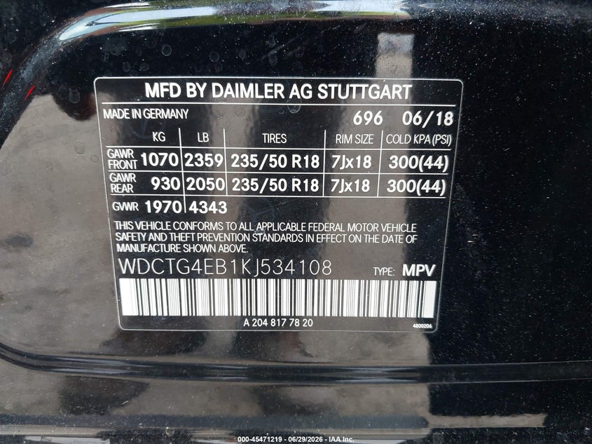 2019 Mercedes-benz Gla-klasse VIN WDCTG4EB1KJ534108 IAAI salvage auction — REAR END, Salvage (Georgia), sold $6,700 on 2026-07-30 (photo 9)
