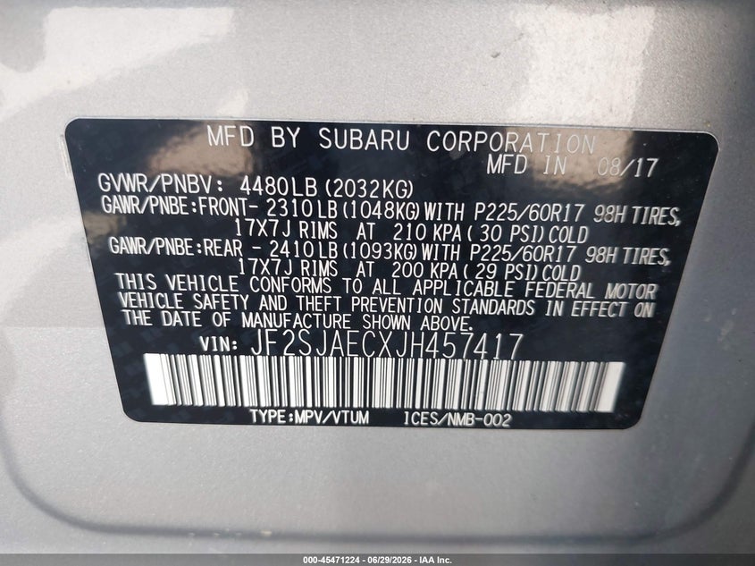2018 Subaru Forester VIN JF2SJAECXJH457417 IAAI salvage auction — FRONT END, Mv-907A (New York), sold $950 on 2026-07-28 (photo 9)