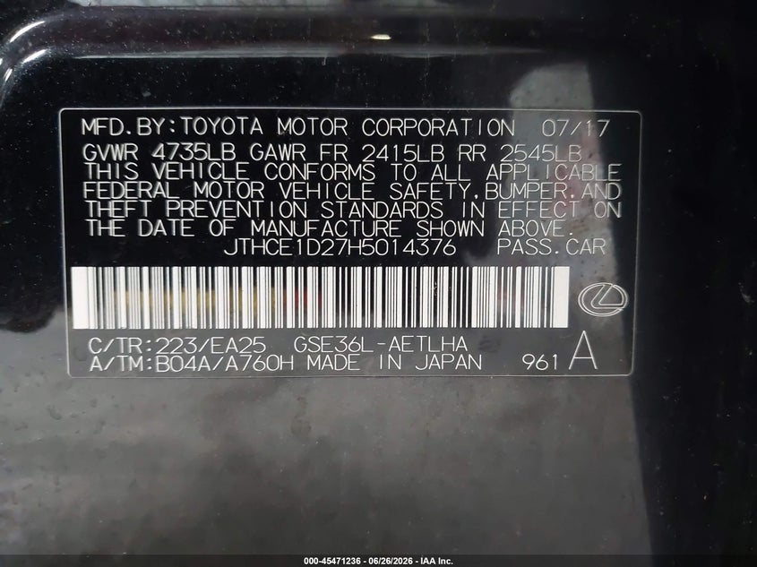 2017 Lexus Is VIN JTHCE1D27H5014376 IAAI salvage auction — RIGHT SIDE, Mv-907A (New York), sold $3,950 on 2026-07-16 (photo 9)
