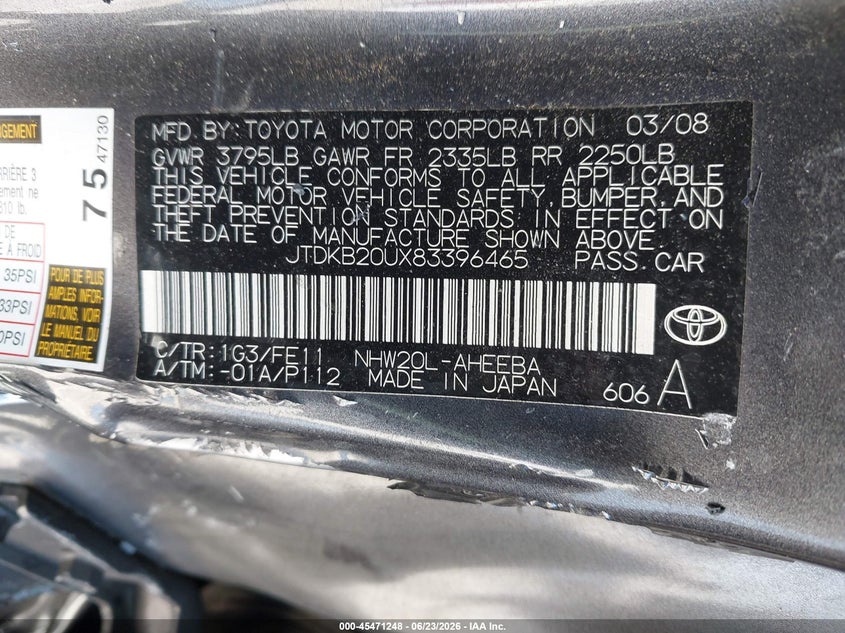 2008 Toyota Prius VIN JTDKB20UX83396465 IAAI salvage auction — NORMAL WEAR, Salvage (California), sold $300 on 2026-07-29 (photo 9)