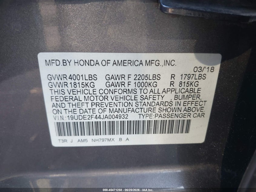 2018 Acura Ilx VIN 19UDE2F44JA004932 IAAI salvage auction — REAR END, Salvage (Arizona), sold $6,300 on 2026-07-24 (photo 9)