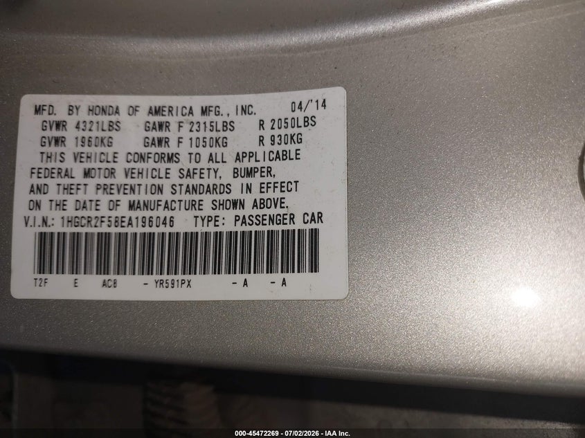 2014 Honda Accord VIN 1HGCR2F58EA196046 IAAI salvage auction — FRONT END, Salvage (Louisiana), sold $1,050 on 2026-07-19 (photo 9)