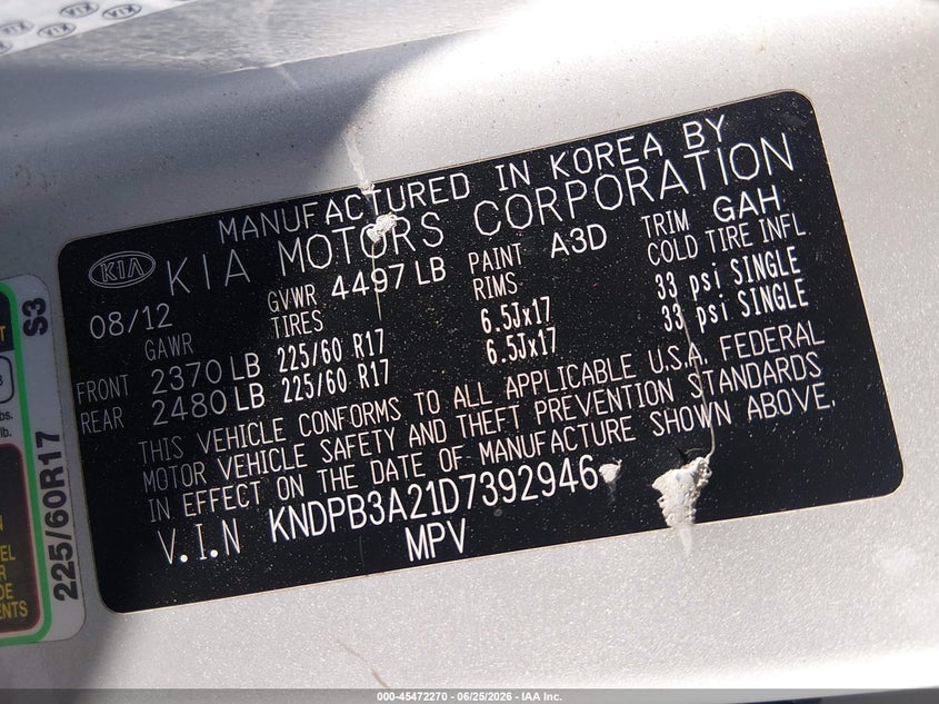 2013 Kia Sportage VIN KNDPB3A21D7392946 IAAI salvage auction — NORMAL WEAR, Original (Texas), sold $1,850 on 2026-07-06 (photo 9)