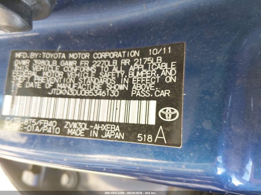 2011 Toyota Prius VIN JTDKN3DU0B5346130 IAAI salvage auction — NORMAL WEAR, Clear (Illinois), sold $525 on 2026-07-28 (photo 9)