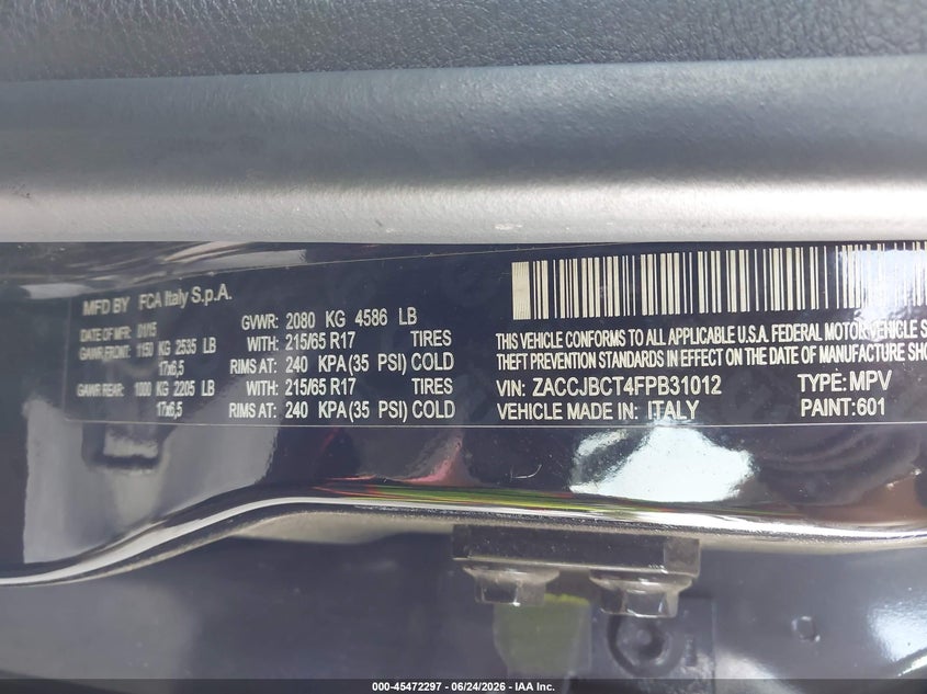2015 Jeep Renegade VIN ZACCJBCT4FPB31012 IAAI salvage auction — NORMAL WEAR, Clear (Florida), sold $1,200 on 2026-08-04 (photo 9)