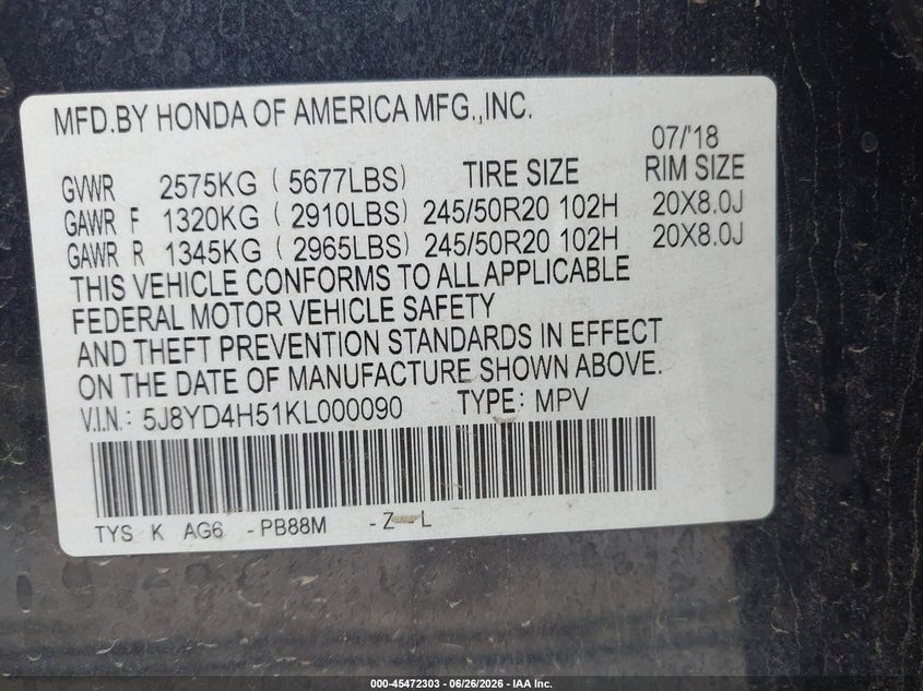 2019 Acura Mdx VIN 5J8YD4H51KL000090 IAAI salvage auction — HAIL, Salvage Title, sold $4,925 on 2026-09-02 (photo 9)