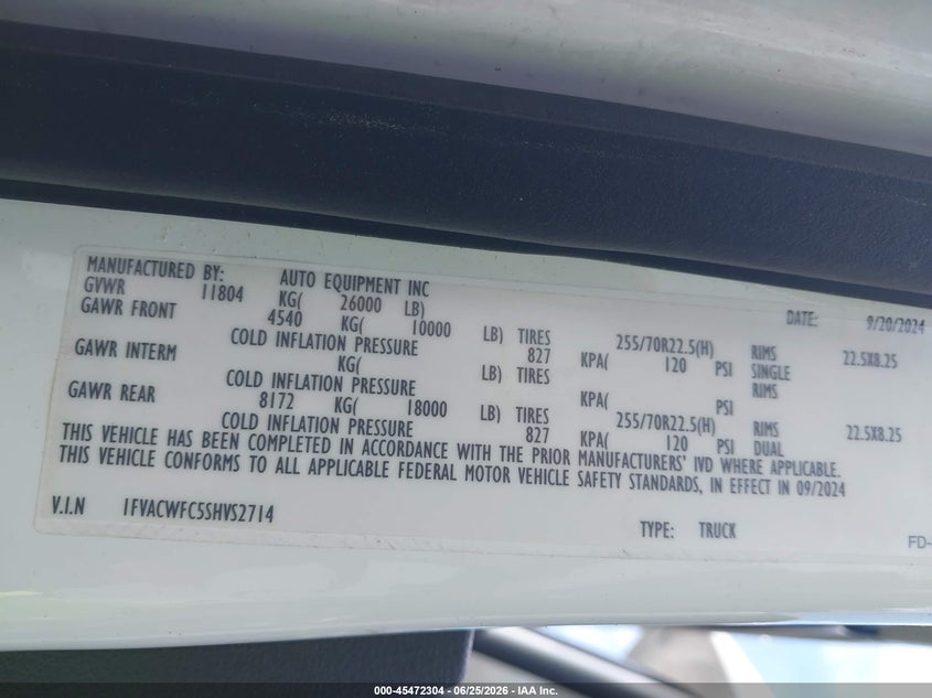 2025 Freightliner M2 106 VIN 1FVACWFC5SHVS2714 IAAI salvage auction — Burn Interior, Salvage (Virginia), sold $56,000 on 2026-08-06 (photo 9)