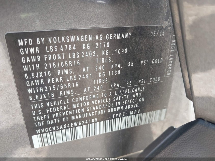 2014 Volkswagen Tiguan VIN WVGCV3AX4EW624105 IAAI salvage auction — FRONT END, Salvage (Ohio), sold $1,000 on 2026-07-08 (photo 9)