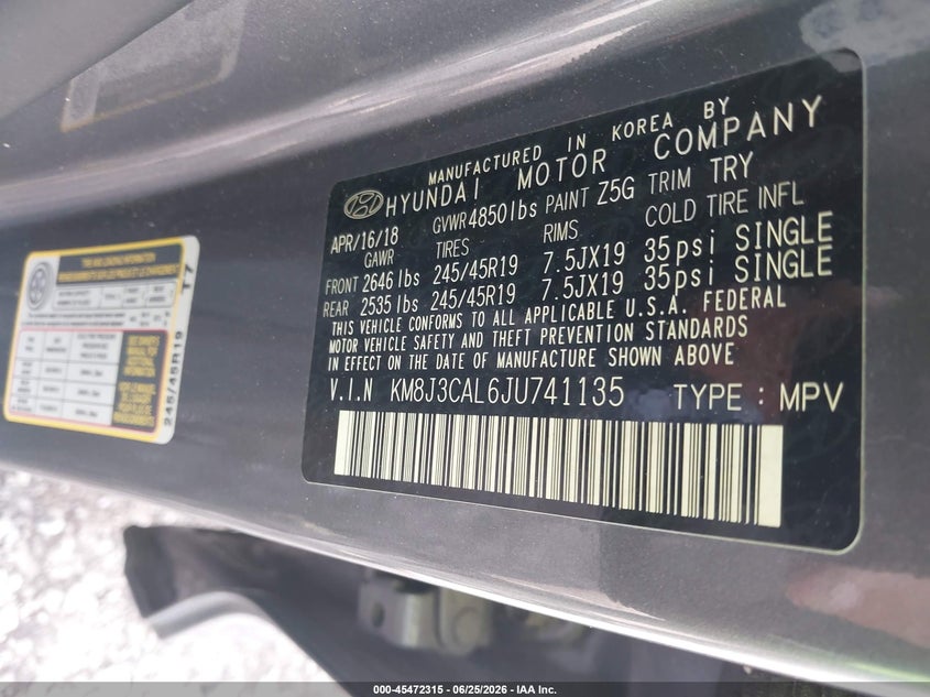 2018 Hyundai Tucson VIN KM8J3CAL6JU741135 IAAI salvage auction — REAR END, Salvage (Virginia), sold $4,000 on 2026-07-17 (photo 9)