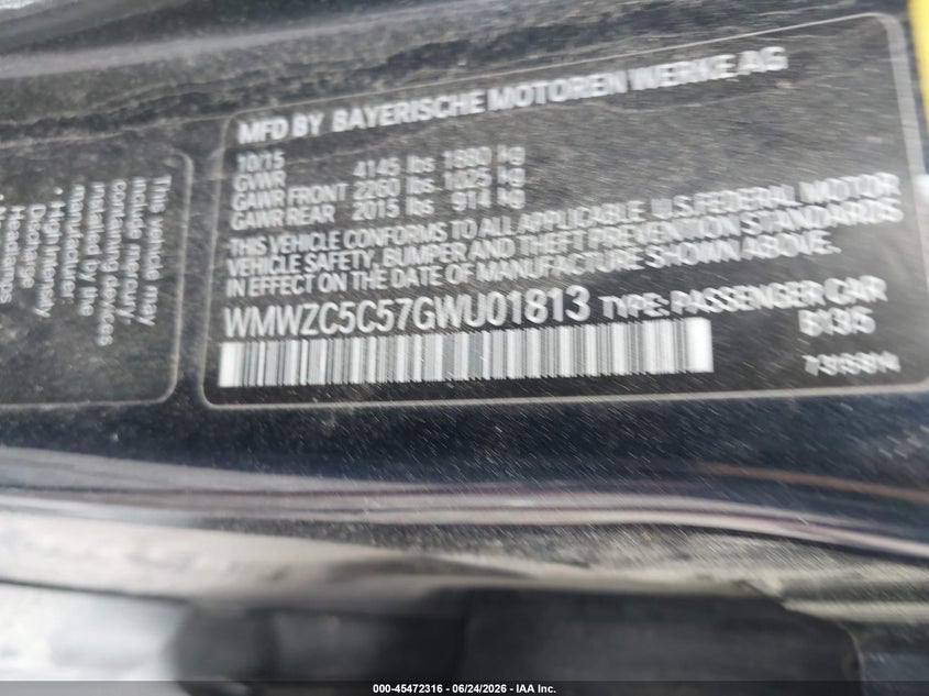 2016 Mini Countryman VIN WMWZC5C57GWU01813 IAAI salvage auction — RIGHT FRONT, Salvage Title, sold $925 on 2026-07-21 (photo 9)