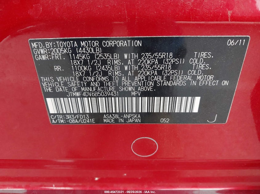 2011 Toyota Rav4 VIN JTMWF4DV6B5039431 IAAI salvage auction — NORMAL WEAR, Certificate Of Title (Nebraska), sold $2,025 on 2026-07-30 (photo 9)