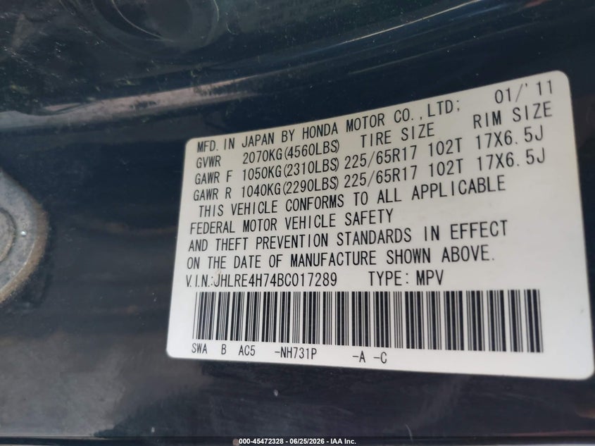 2011 Honda Cr-v VIN JHLRE4H74BC017289 IAAI salvage auction — FRONT END, Clear (Virginia), sold $1,000 on 2026-07-28 (photo 9)