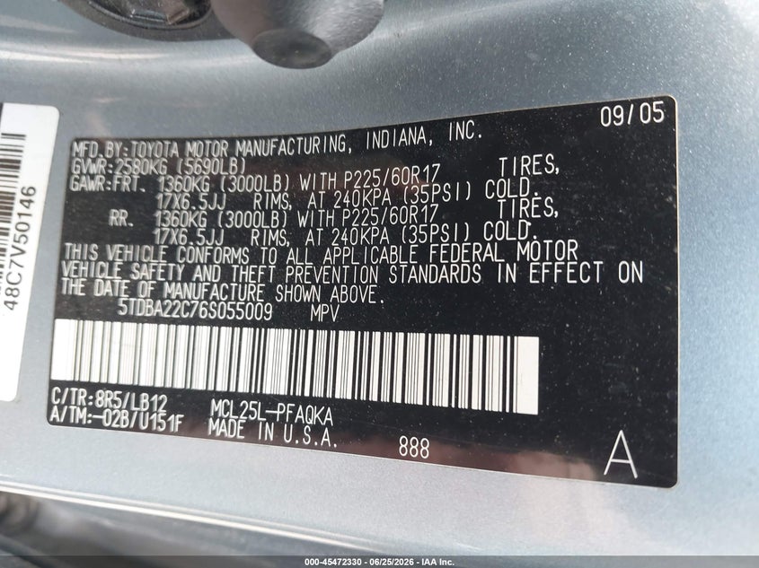 2006 Toyota Sienna VIN 5TDBA22C76S055009 IAAI salvage auction — NORMAL WEAR, Clear (Virginia), sold $1,000 on 2026-07-07 (photo 9)