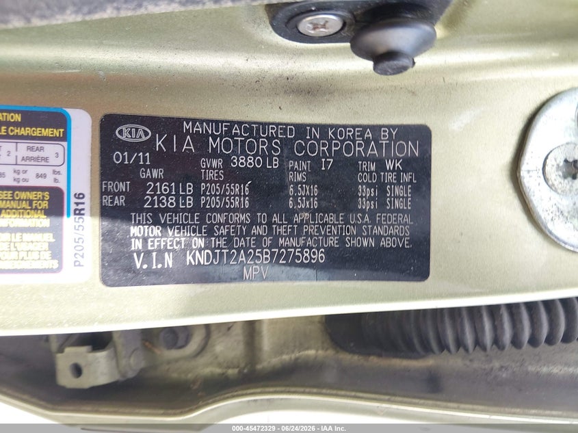 2011 Kia Soul VIN KNDJT2A25B7275896 IAAI salvage auction — LEFT SIDE, Rebuildable (Florida), sold $25 on 2026-07-16 (photo 9)