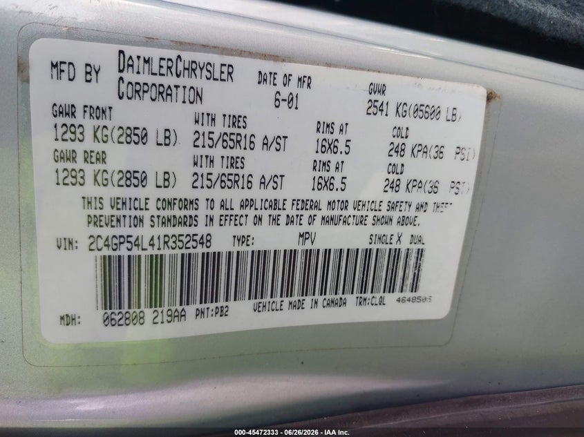 2001 Chrysler Town & country VIN 2C4GP54L41R352548 IAAI salvage auction — NORMAL WEAR, Original (Texas), sold $200 on 2026-07-07 (photo 9)