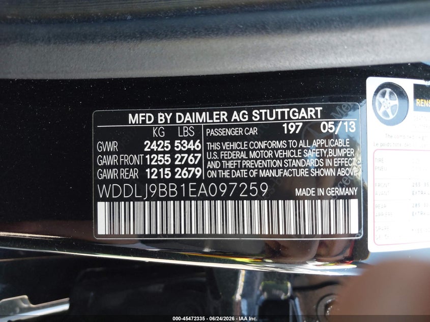 2014 Mercedes-benz Cls-klasse VIN WDDLJ9BB1EA097259 IAAI salvage auction — RIGHT SIDE, Salvage Title, sold $600 on 2026-07-29 (photo 9)