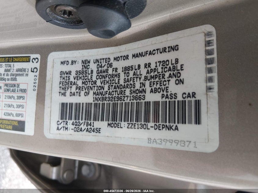 2006 Toyota Corolla VIN 1NXBR32E96Z713663 IAAI salvage auction — FRONT END, Salvage (South Carolina), sold $925 on 2026-07-19 (photo 9)