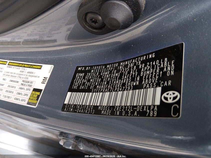 2020 Toyota Corolla VIN 5YFEPRAE7LP047293 IAAI salvage auction — LEFT REAR, Salvage Title, sold $4,675 on 2026-07-30 (photo 9)