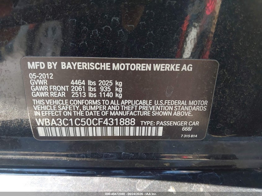 2012 BMW 3er VIN WBA3C1C50CF431888 IAAI salvage auction — FRONT END, Salvage Title, sold $25 on 2026-07-28 (photo 9)