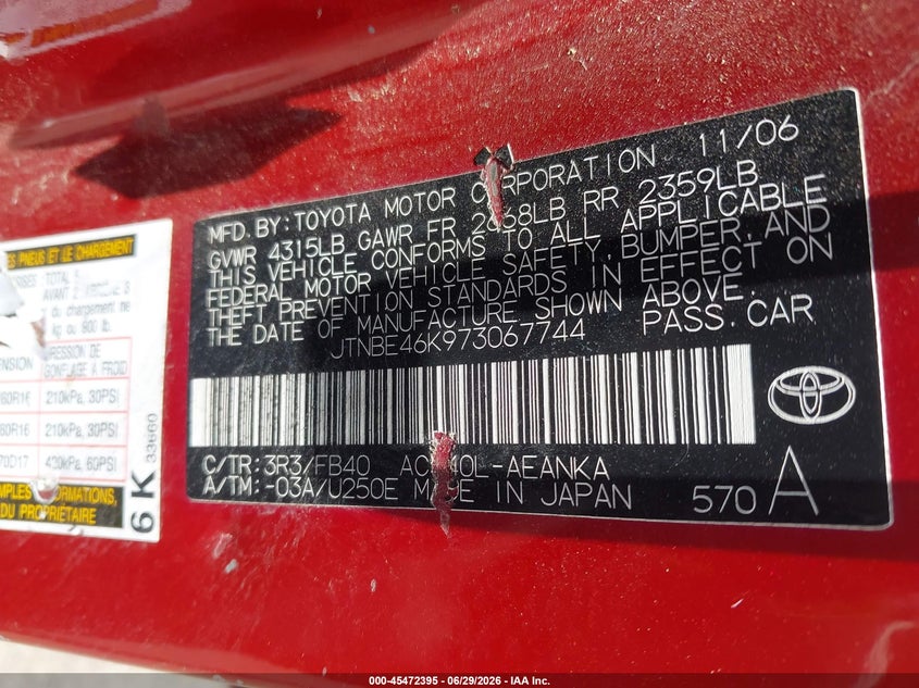 2007 Toyota Camry VIN JTNBE46K973067744 IAAI salvage auction — NORMAL WEAR, Original (Texas), sold $925 on 2026-07-15 (photo 9)