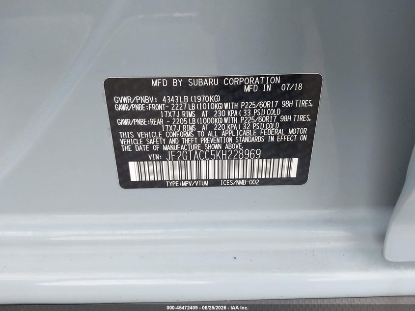 2019 Subaru Xv VIN JF2GTACC5KH228969 IAAI salvage auction — RIGHT SIDE, Salvage Title, sold $125 on 2026-07-29 (photo 9)