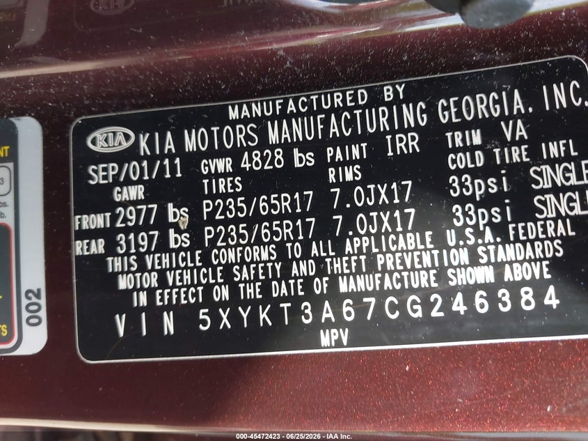 2012 Kia Sorento VIN 5XYKT3A67CG246384 IAAI salvage auction — FRONT END, Salvage (Massachusetts), sold $25 on 2026-07-31 (photo 9)